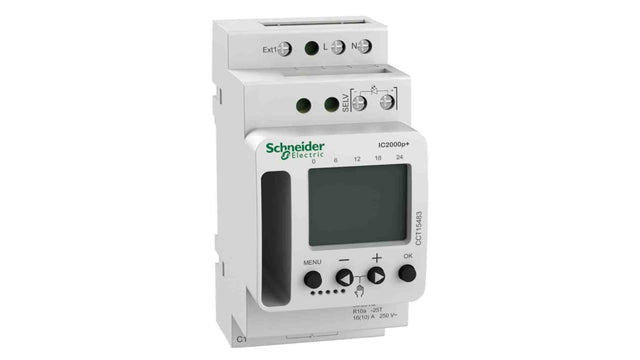 Interruttore crepuscolare Schneider Electric Acti 9 IC, 230 V c.a., 1 canale. Montaggio su guida DIN, sensore interno. CCT15285.