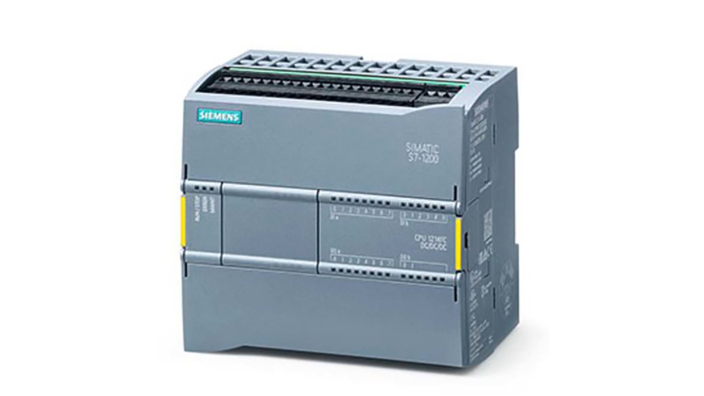 CPU PLC Siemens SIMATIC S7-1200F, 14 ingressi, 10 uscite. Automazione industriale, veloce e affidabile. Dimensioni compatte, protezione IP20.