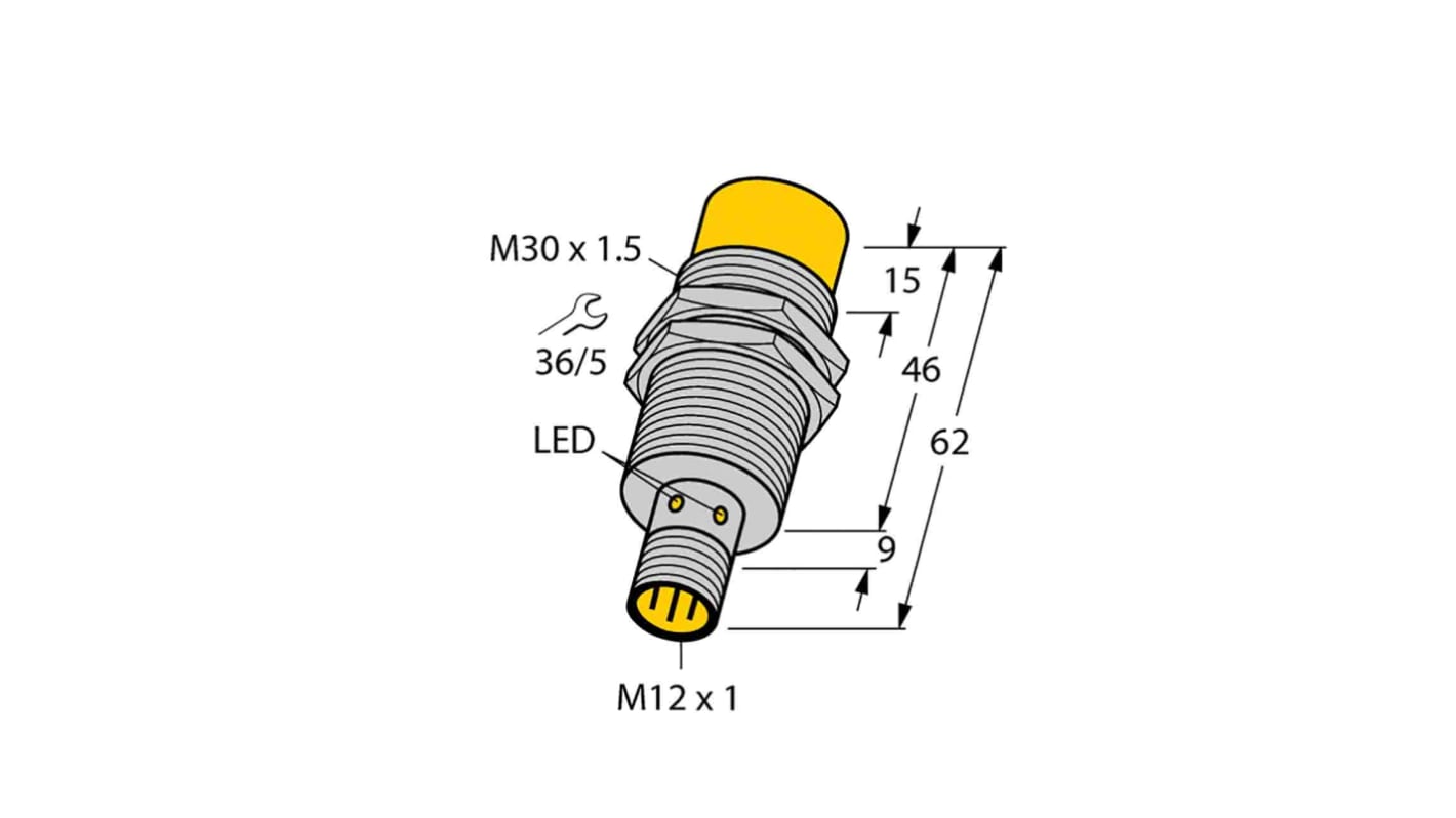Sensore di prossimità cilindrico PNP Turck NI30U-M30-VP6X-H1141, M30 x 1.5, rilevamento 30 mm, IP68, connettore M12 a 4 pin.
