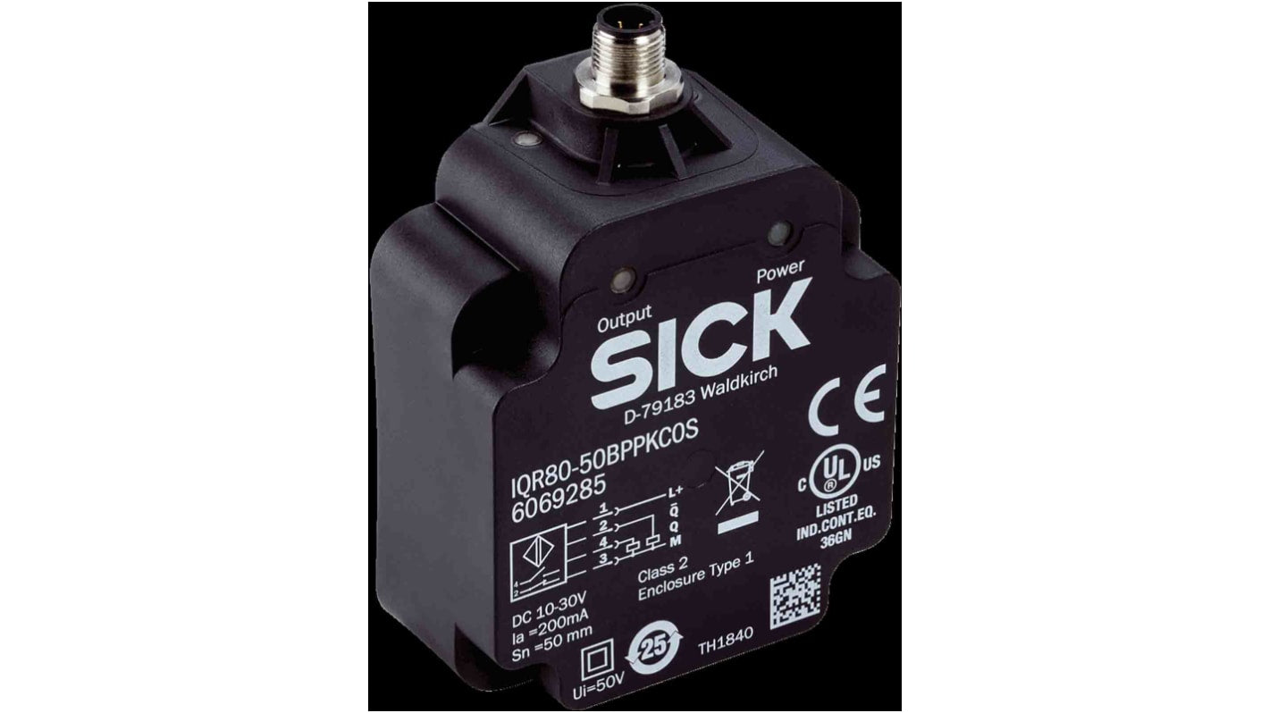 Sensore di prossimità PNP Sick IQR80-75NPPKC0S, induttivo, rilevamento 75 mm, IP68, connettore M12, lunghezza 65 mm.