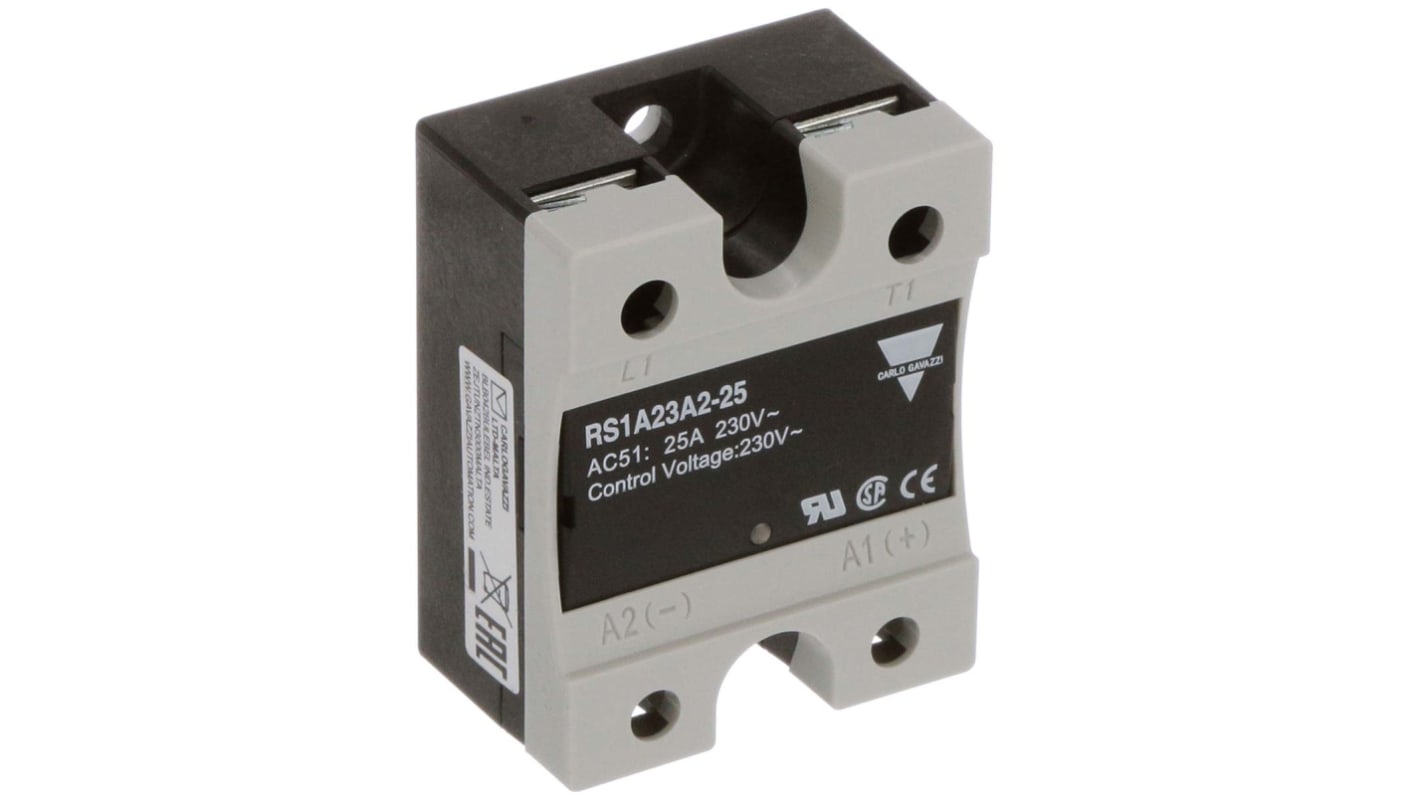 Relè a stato solido Carlo Gavazzi RS1A23A2-25, montaggio a pannello, 25 A, 265 V c.a., con indicazione LED e protezione IP 20.