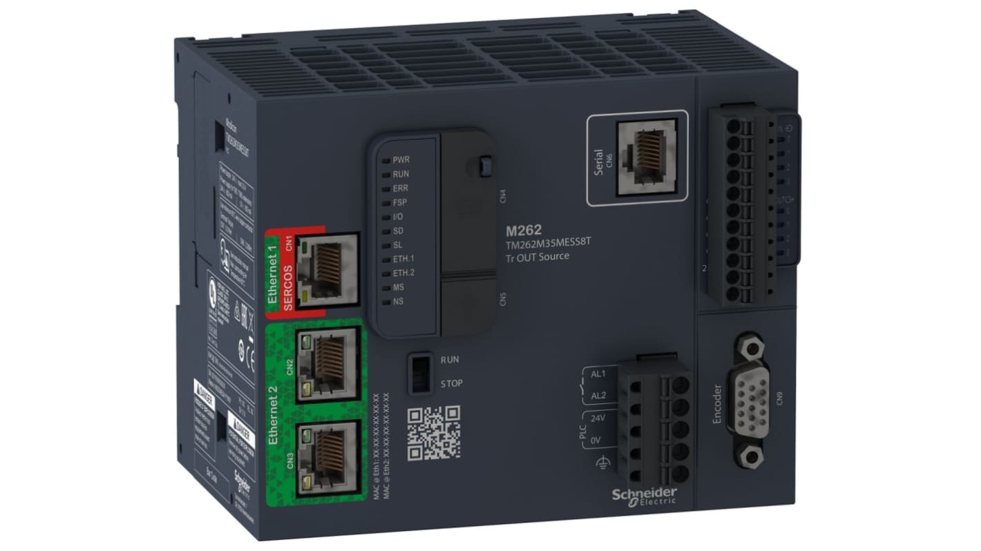 Controllore logico Schneider Electric TM262M35MESS8T, 4 ingressi digitali, 4 uscite, alimentazione 24 V c.c., dimensioni 100x90x125 mm.