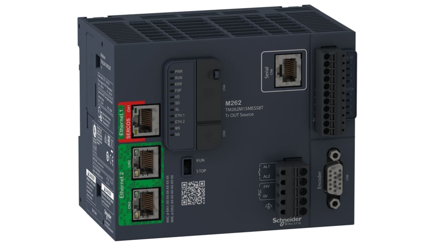 Controllore logico Schneider Electric TM262M15MESS8T, 4 ingressi digitali, montaggio su guida, dimensioni 100x90x125 mm.