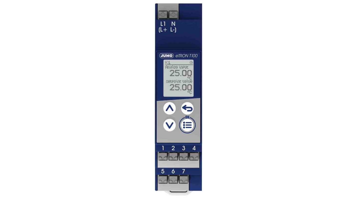 Regolatore di temperatura Jumo 701052/8-01-02-01/000 eTRON T100, 230 V, 90 x 22.5 x 62 mm, montaggio su guida DIN, gamma -60 a 250 °C.