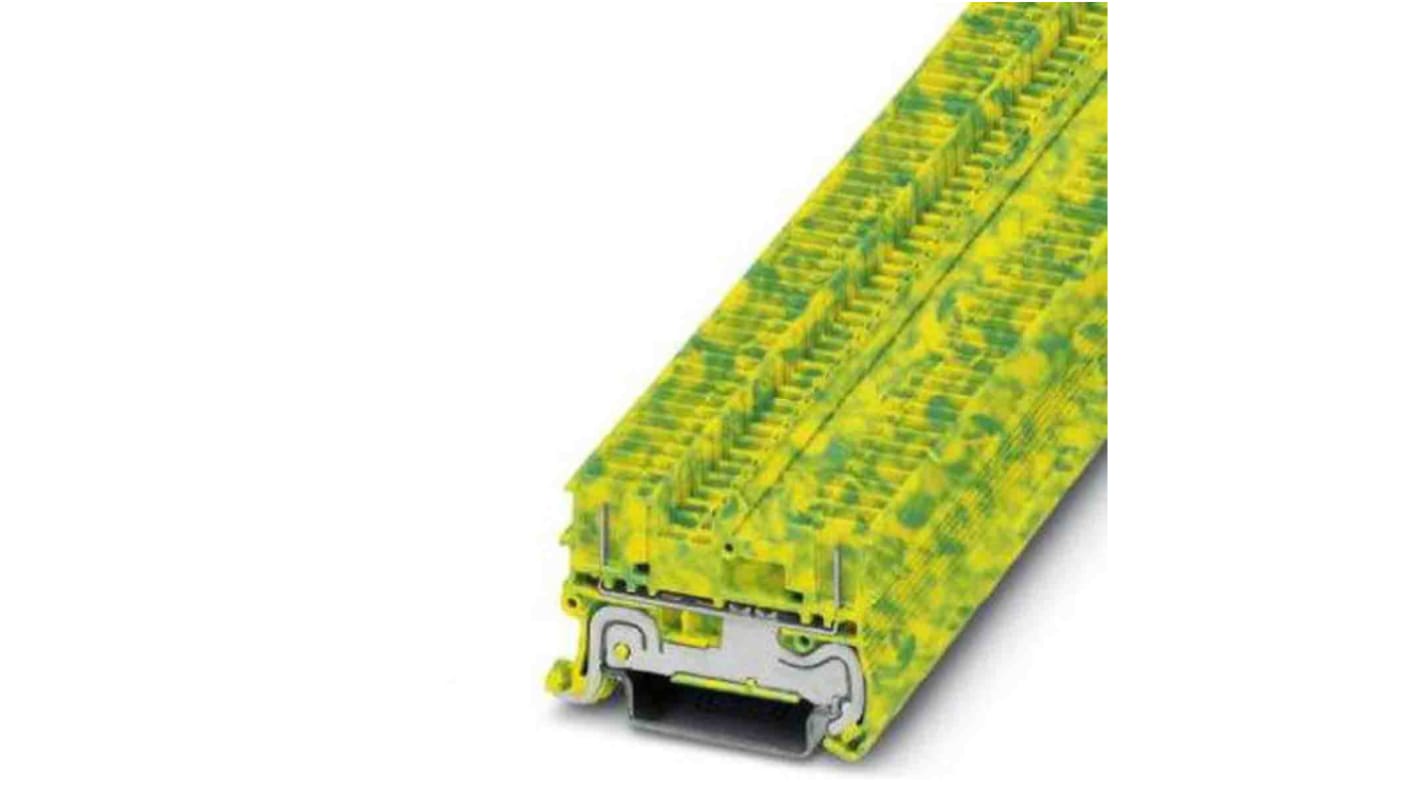 Morsettiera di terra Phoenix Contact 3213810, 2 vie, cavo 26-14 AWG, montaggio NS 35/7,5 e NS 35/15, colore verde/giallo.