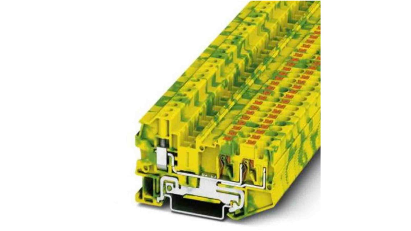Morsettiera di terra Phoenix Contact, 3 vie, per cavi 24-12 AWG, montaggio su guida NS 35, colore verde/giallo.