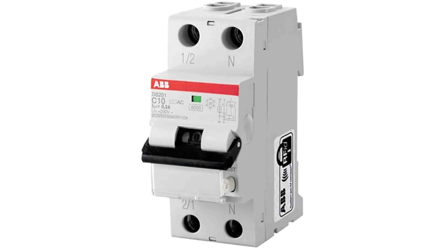 Interruttore differenziale ABB 2CSR275180R1064, montaggio su guida DIN, 1P+N, 6A, 30mA, 10 kA, dimensioni 85x35x69mm.