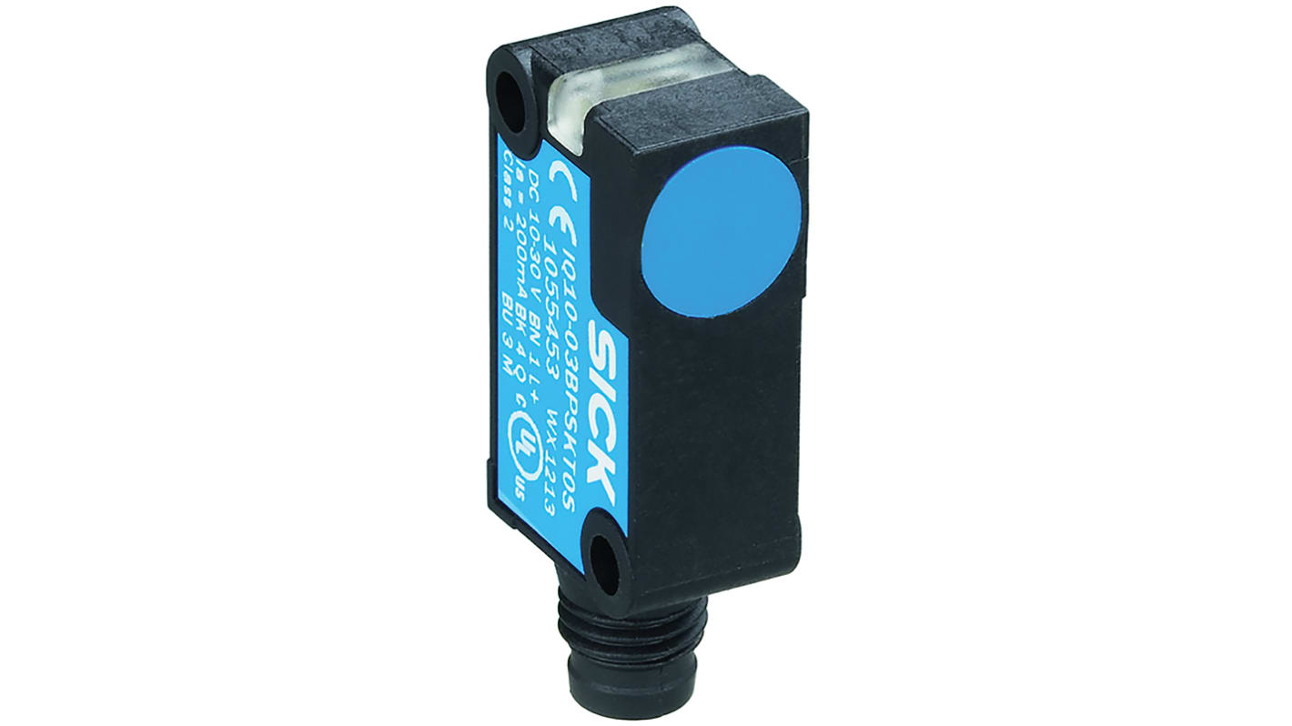 Sensore di prossimità magnetico rettangolare Sick MQ10-60APSKU0, uscita PNP, dimensioni 28 mm x 10,3 mm x 16 mm, gamma di rilevamento 48,6 mm.