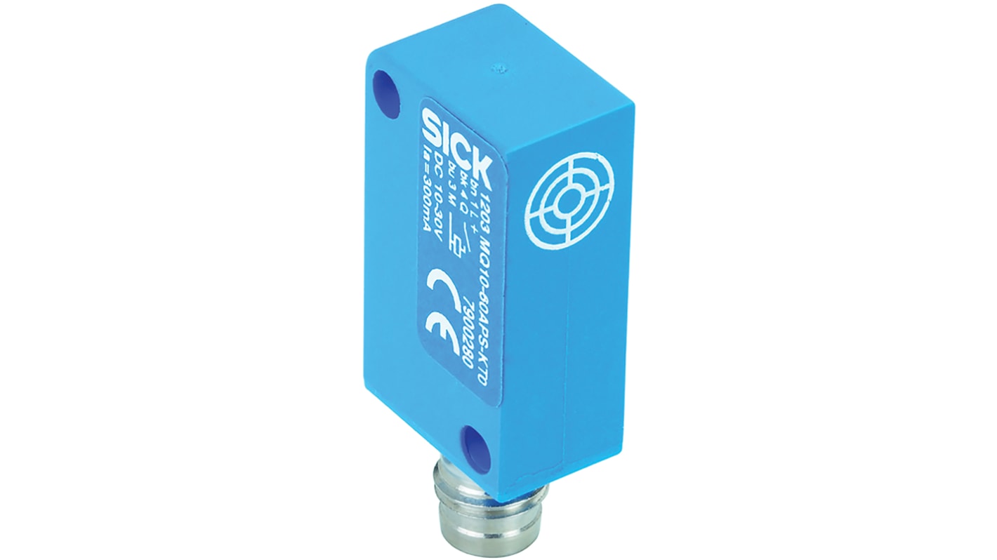 Sensore di prossimità magnetico rettangolare Sick MQ10-60APSKT0, uscita PNP, dimensioni 10,3 mm x 37 mm x 16 mm.