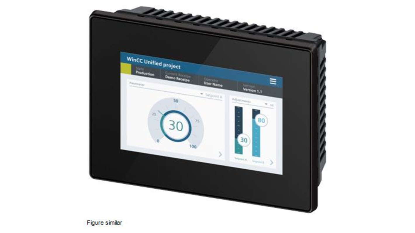 Pannello HMI Siemens 6AV2128-3GB36-0AX1, 7" multi-touch, risoluzione 800x480, montaggio verticale/orizzontale, IP65.