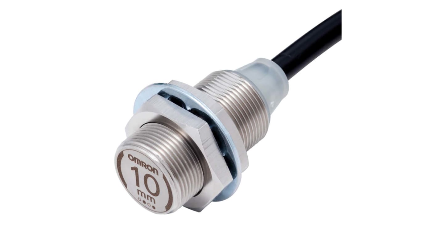Sensore di prossimità cilindrico PNP Omron E2EW-X10B1T18 2M, filettatura M18, distanza di rilevamento 10 mm, grado di protezione IP67.