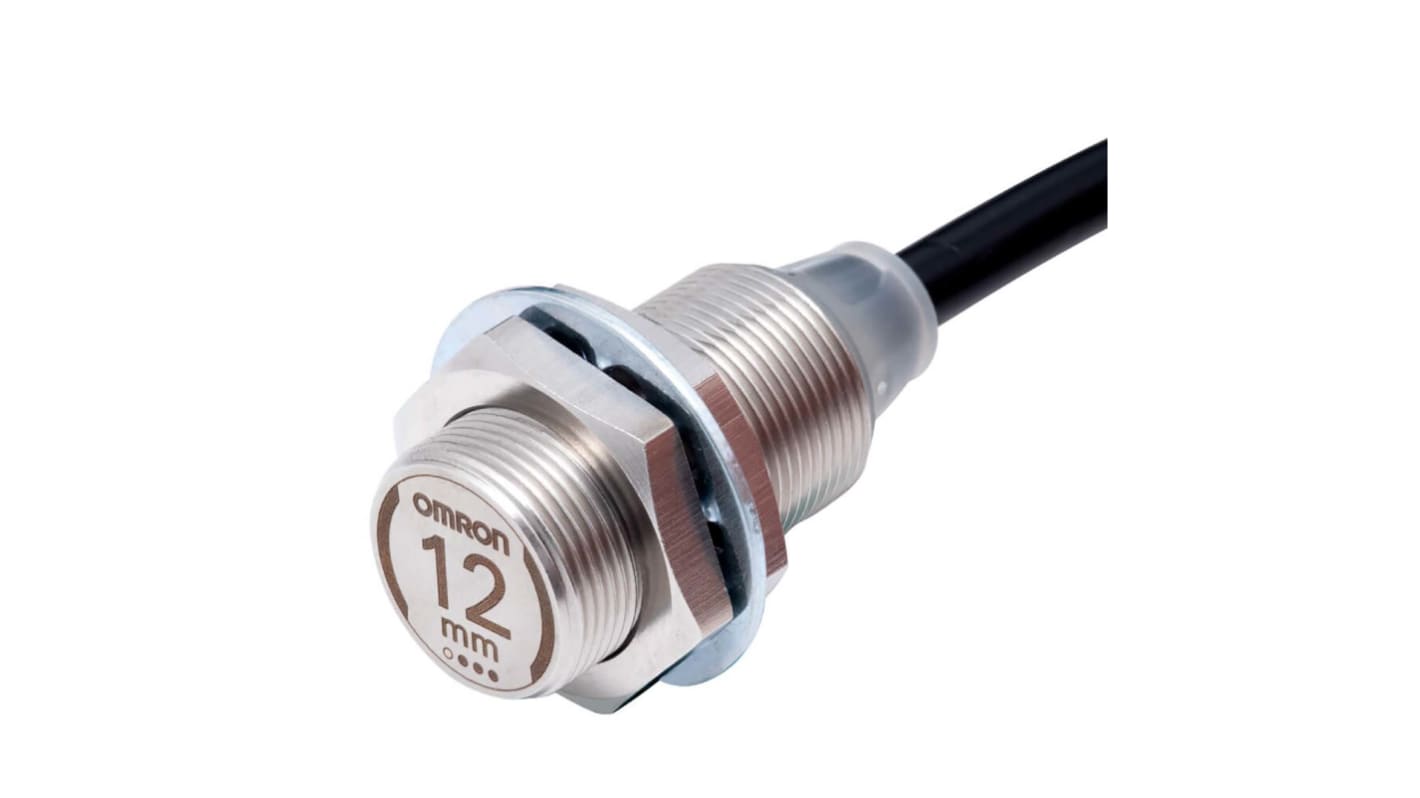 Sensore di prossimità cilindrico NPN Omron E2EW-X12C118 2M, M18 x 1, rilevamento 12 mm, corpo metallico, IP67.