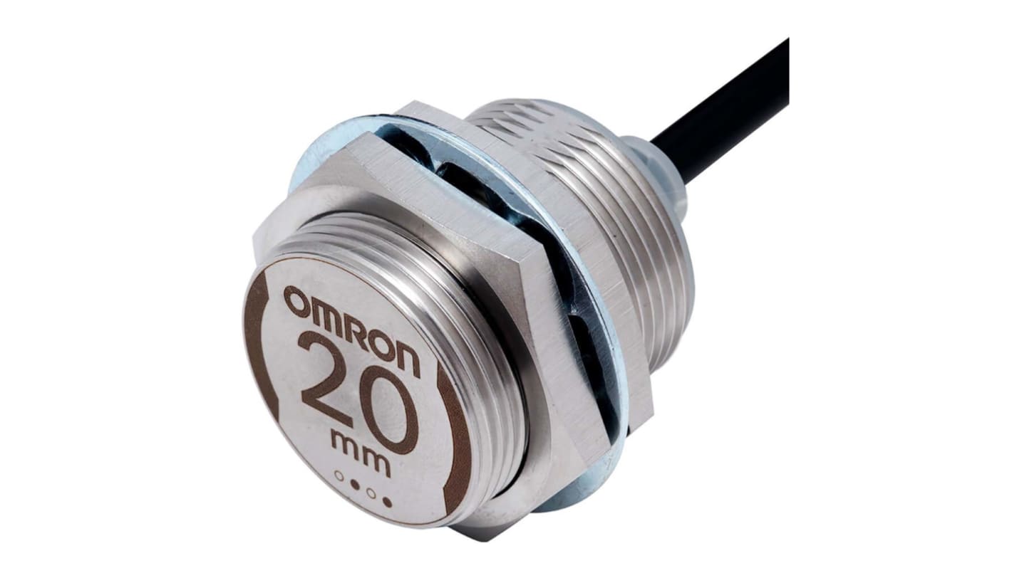 Sensore di prossimità cilindrico PNP Omron E2EW-X20B1T30 2M, filettatura M30, gamma di rilevamento 20 mm, grado di protezione IP67.