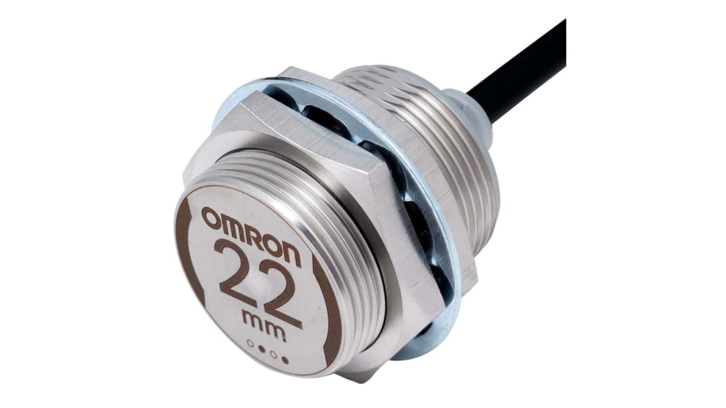 Omron E2EW-X22C130 2M, sensore di prossimità cilindrico NPN M30, rilevamento 22 mm, alimentazione 10-30 V, IP67.