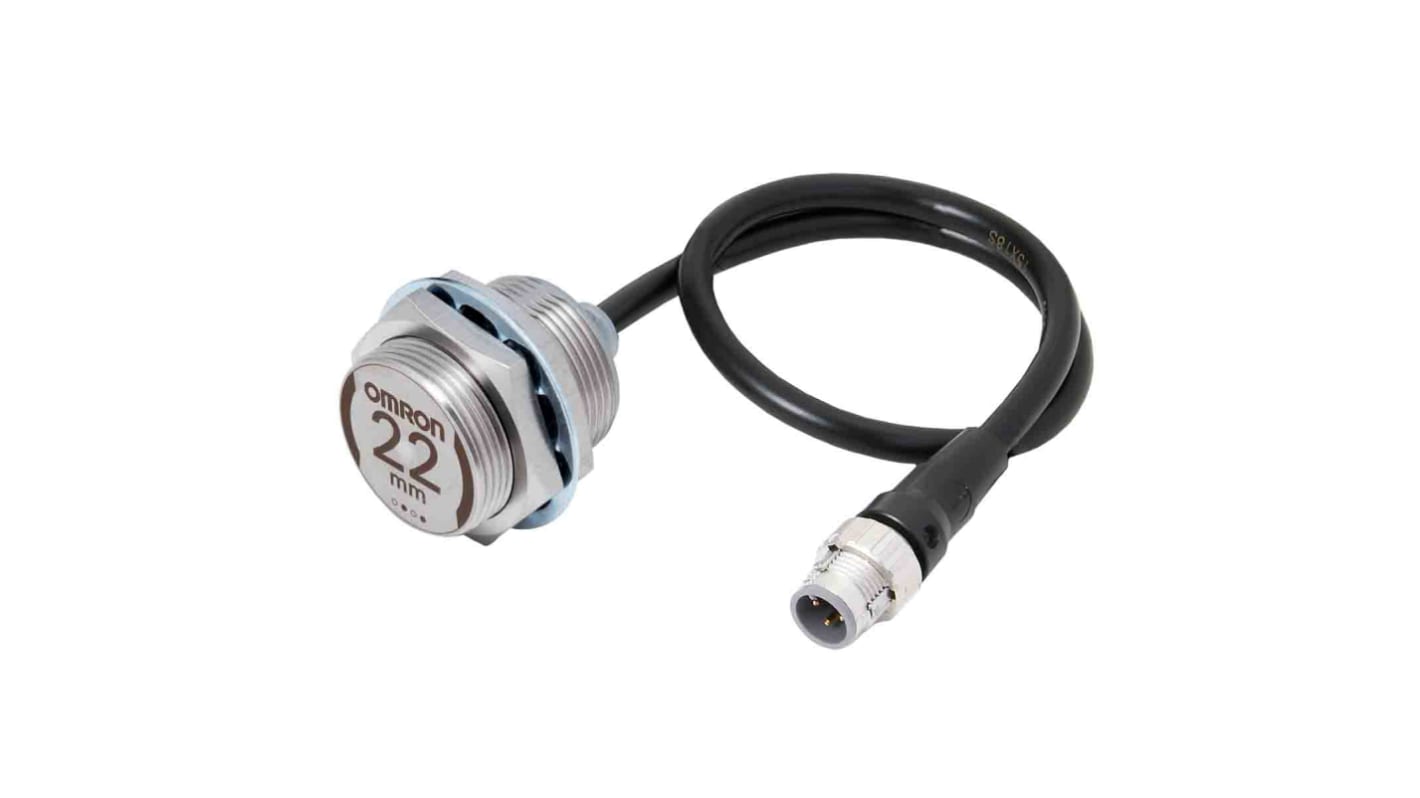 Omron E2EW-X22C130-M1TJ 0.3M, sensore di prossimità cilindrico NPN, corpo metallico, filettatura M30, gamma di rilevamento 22 mm.
