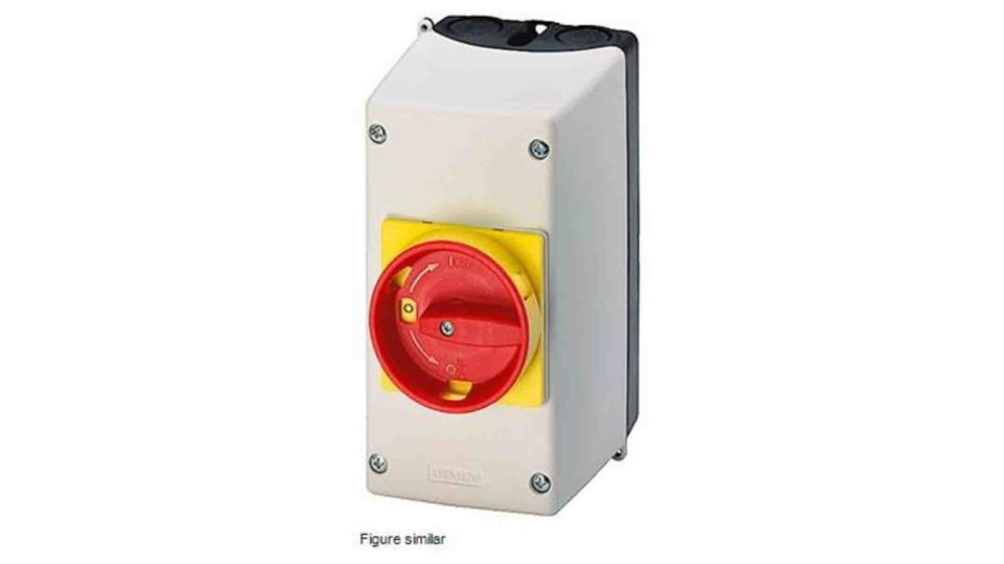 Scatola per pulsante Siemens IP55, meccanismo rotativo per arresto di emergenza, dimensioni 105x126x155 mm, colore grigio.