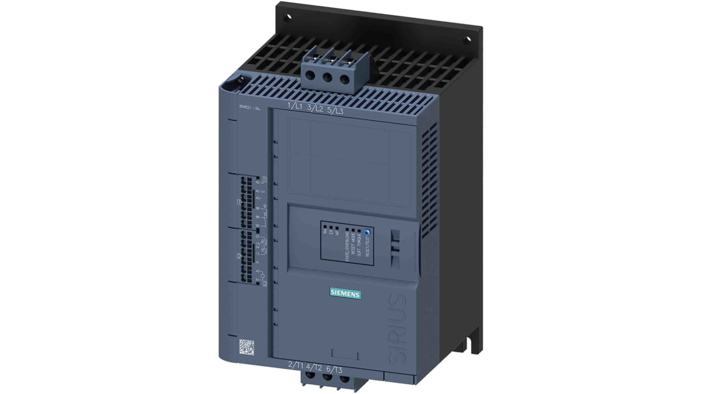 Avviatore soft-start Siemens 3RW5517-1HA14, 3 fasi, 11 kW, 480 V, IP00, corrente nominale 38 A, temperatura -25/+60 °C.