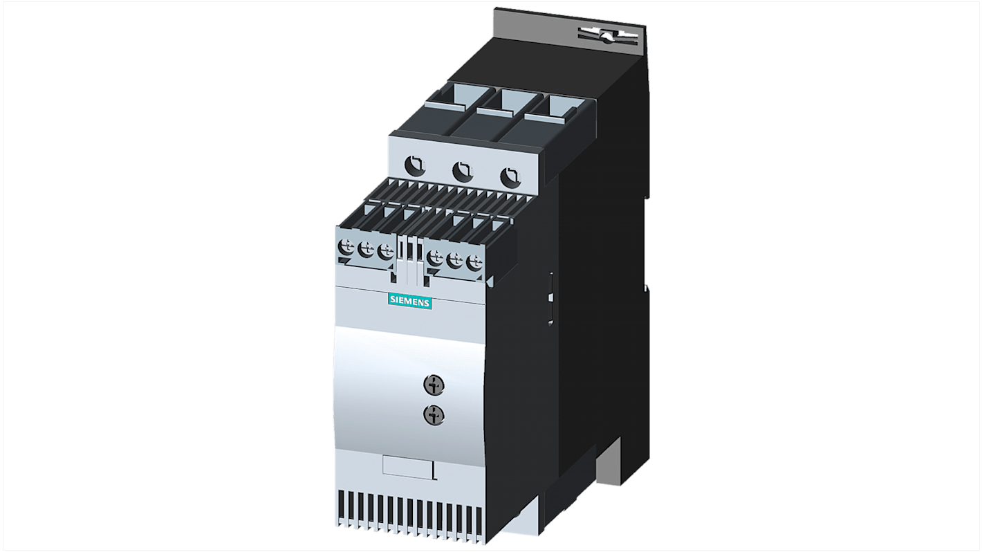 Avviatore soft-start Siemens 3RW3037-1BB04, 3 fasi, 30 kW, 400 V, 63 A, protezione contro sovraccarichi.
