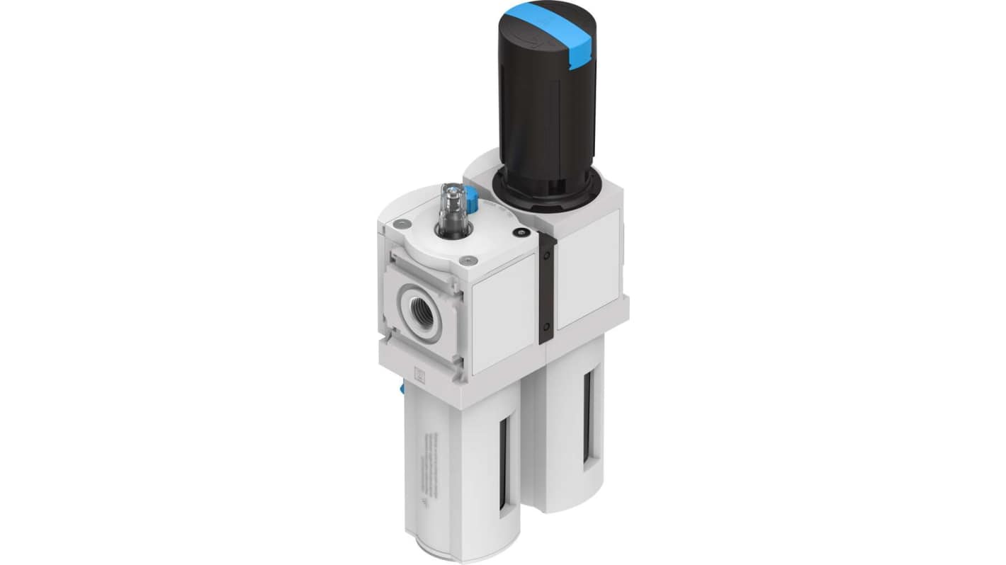 Festo MSB6-1/2-FRC1:J5M1, gruppo FRL compatto con attacco G 1/2, scarico manuale e manometro integrato.