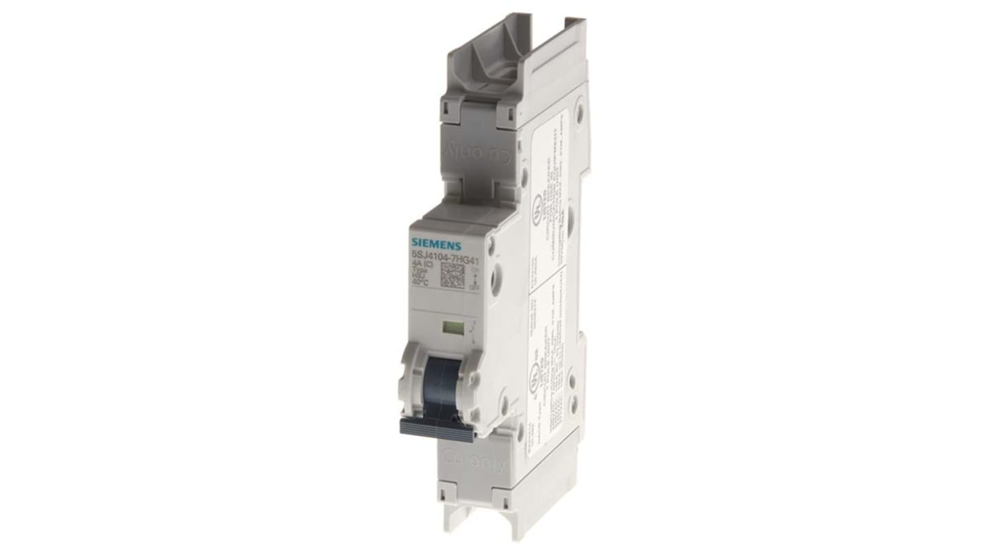 Interruttore magnetotermico Siemens 1P 4A 14 kA, Tipo C per uso industriale. Montaggio su guida DIN, protezione IP20. Design compatto e affidabilità.