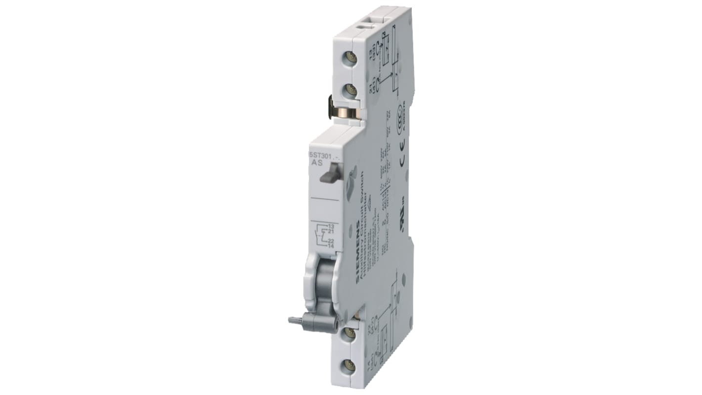 Contatto ausiliario Siemens 5ST3010-2, 2 contatti (1 N/C + 1 N/A), montaggio su guida DIN, altezza 90 mm, peso 71 g.