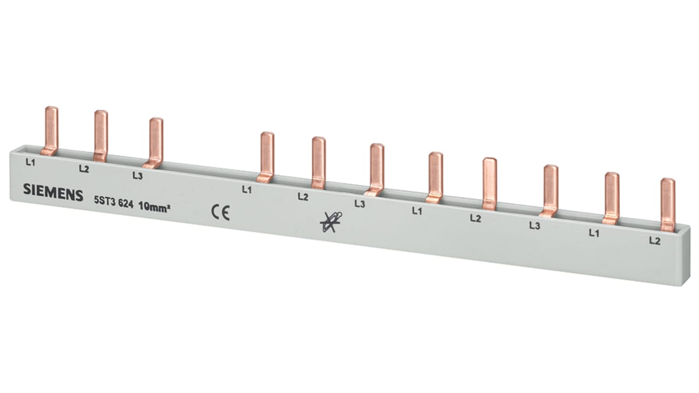 Barra di distribuzione trifase Siemens 5ST3624, 63A, 10mm², N+8x, touch-safe, collegamento elettrico a pin.