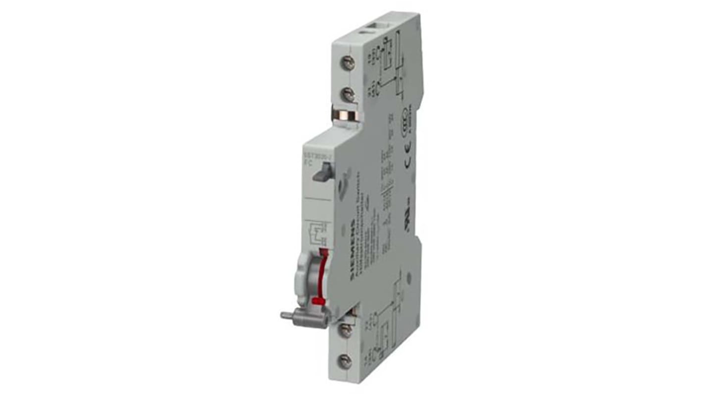 Contatto ausiliario Siemens 5ST3020-2, 2 contatti (1 N/C + 1 N/A), montaggio su guida DIN, altezza 90 mm, peso 72 g.
