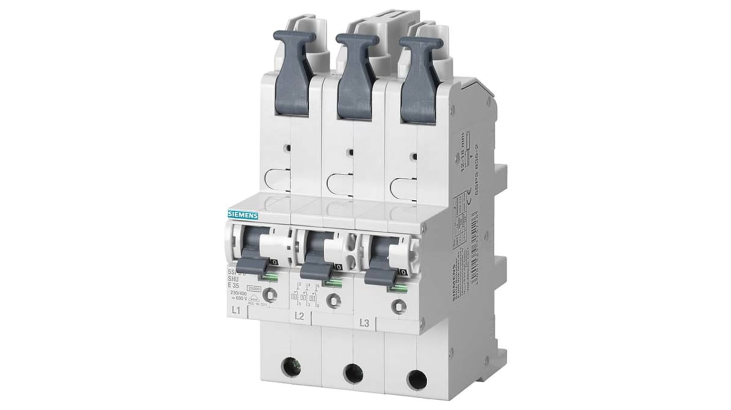 Interruttore magnetotermico Siemens 5SP3835-2, 3 poli, 35A, montaggio su guida DIN, classe di protezione IP20.