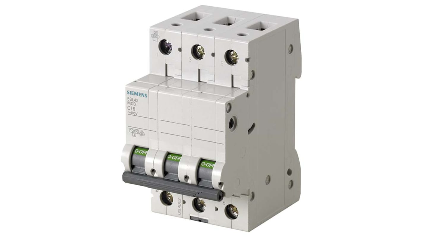 Interruttore magnetotermico Siemens 3 poli, 16A, montaggio su guida DIN, classe di protezione IP20, serie 5SL4.