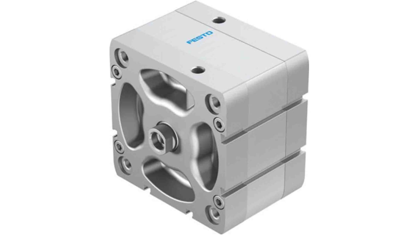Cilindro pneumatico compatto Festo ADN10015IPA, doppio effetto, foro 100mm, corsa 15mm, montabile in diverse posizioni.