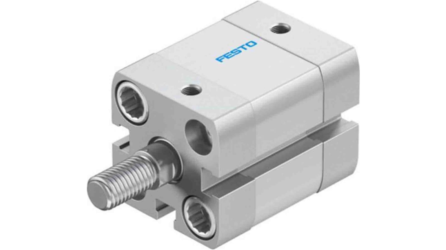 Cilindro pneumatico compatto Festo ADN-20-10-A-PPS-A, doppio effetto, foro 20mm, corsa 10mm, montabile in diverse posizioni.