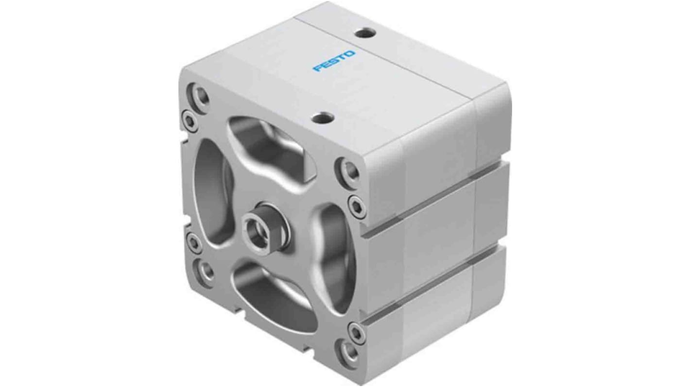 Cilindro pneumatico compatto Festo ADN10020IPA, doppio effetto, foro 100mm, corsa 20mm, montabile in diverse posizioni.