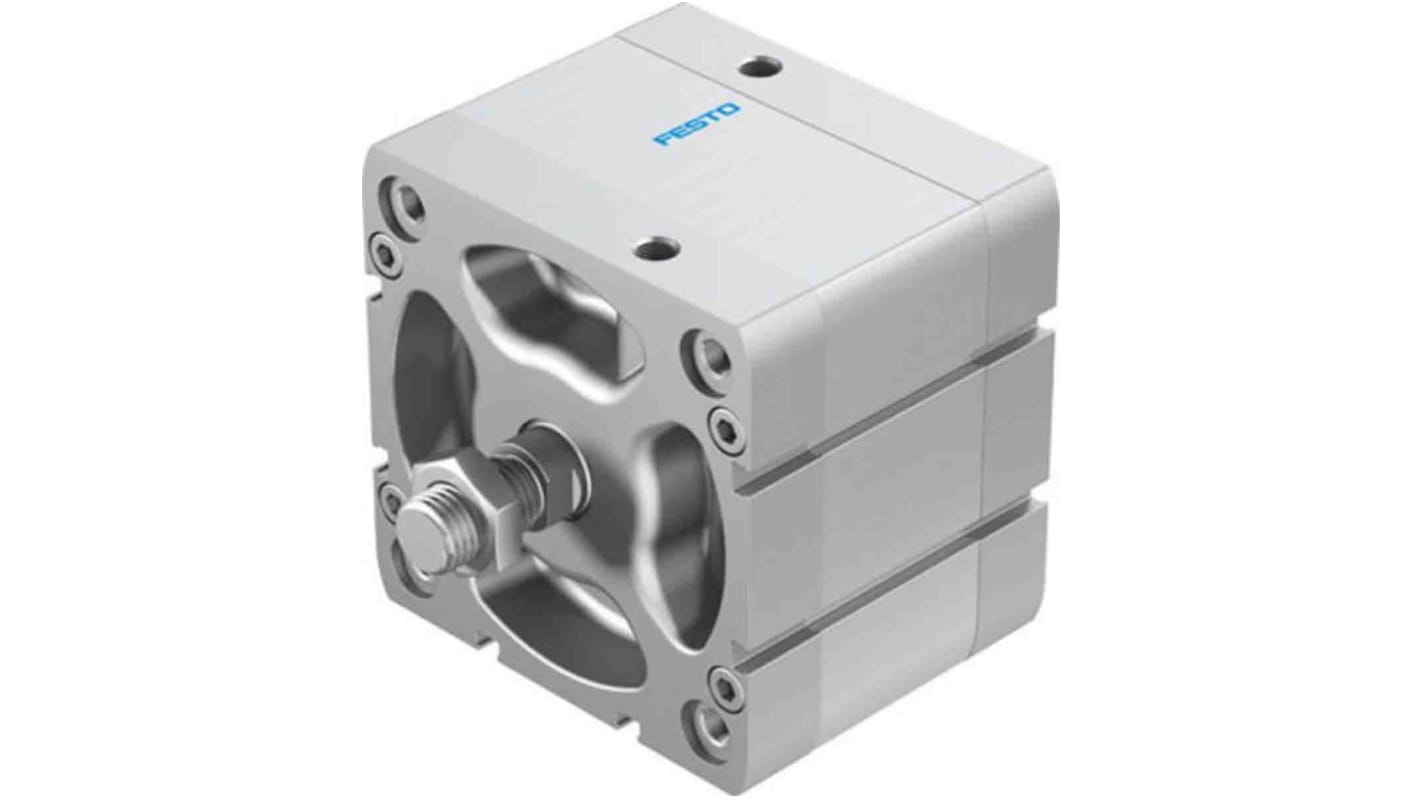 Cilindro pneumatico compatto Festo ADN10025A-P-A, doppio effetto, foro 100mm, corsa 25mm, montabile in diverse posizioni.