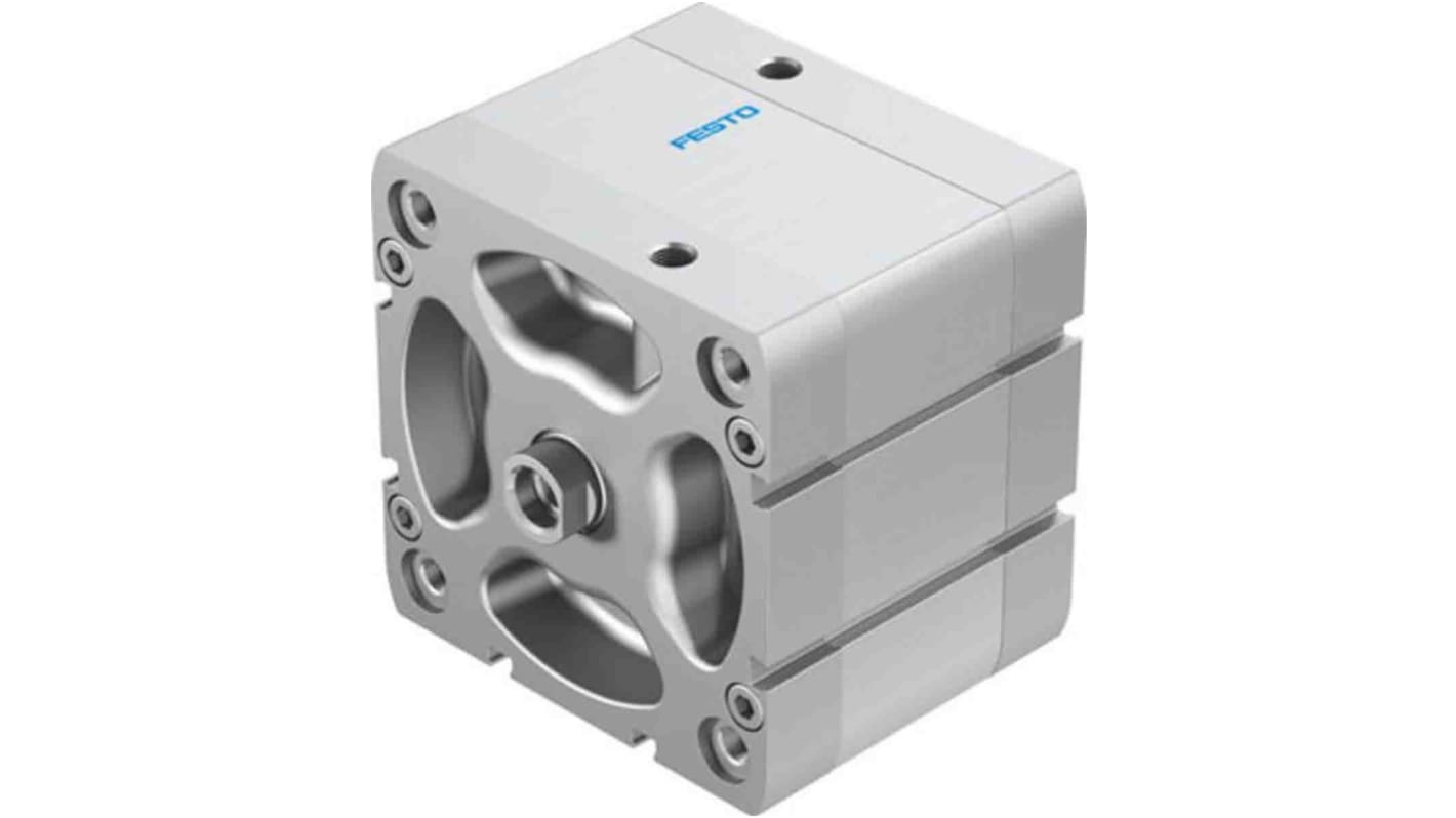 Cilindro pneumatico compatto Festo ADN10025IPA, doppio effetto, foro 100mm, corsa 25mm, montabile in diverse posizioni, resistenza moderata alla corrosione.
