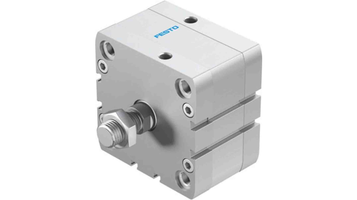 Cilindro pneumatico compatto Festo ADN-80-10-A-P-A, doppia azione, foro 80mm, corsa 10mm, assemblabile in diverse posizioni.