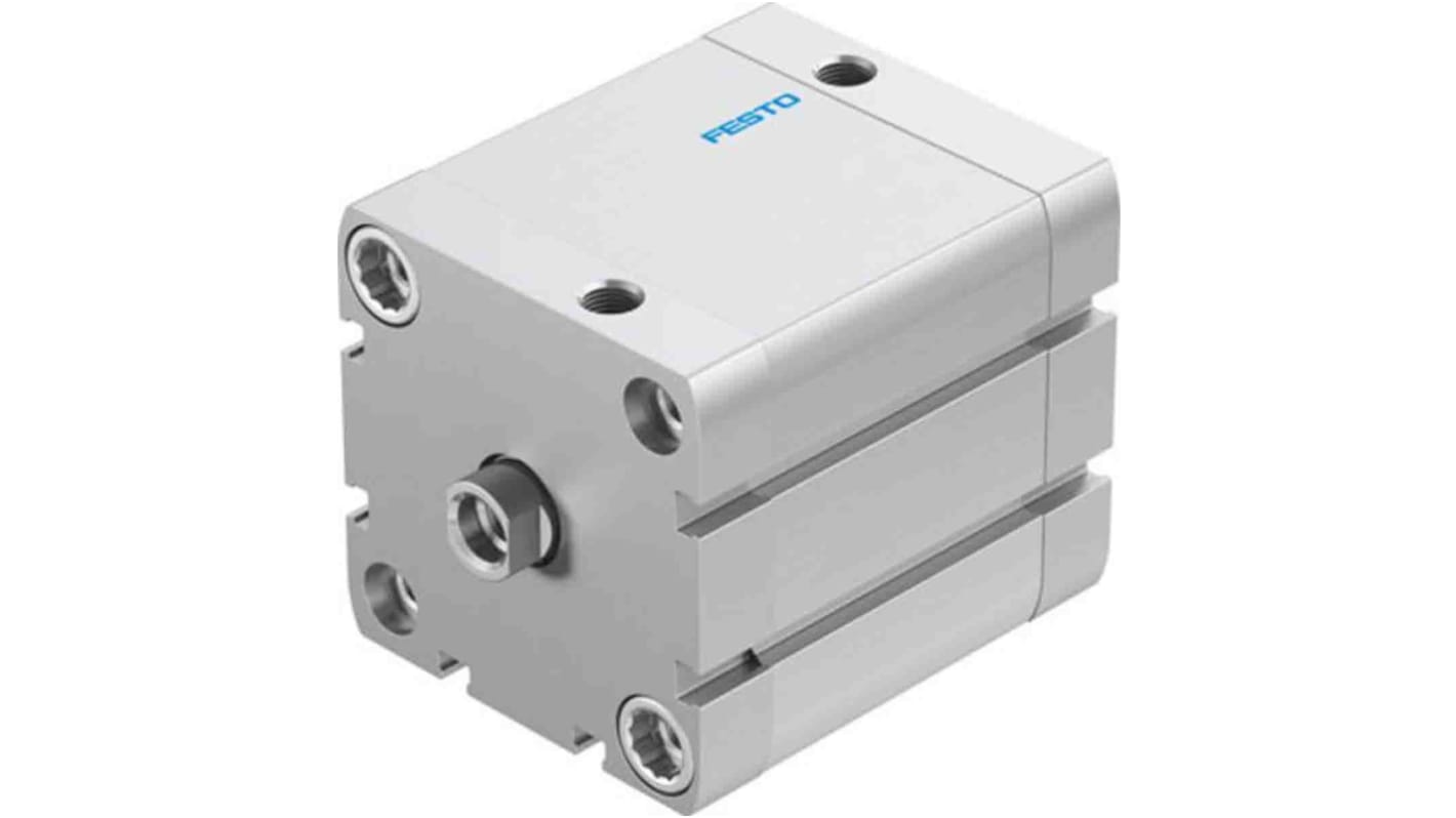 Cilindro pneumatico compatto Festo ADN-63-40-I-PPS-A, foro 63mm, corsa 40mm, montabile in diverse posizioni.