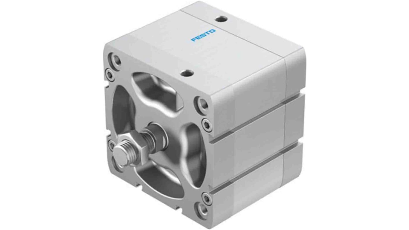 Cilindro pneumatico compatto Festo ADN-100-30-A-PPS-A, doppio effetto, foro 100mm, corsa 30mm, montabile in diverse posizioni.