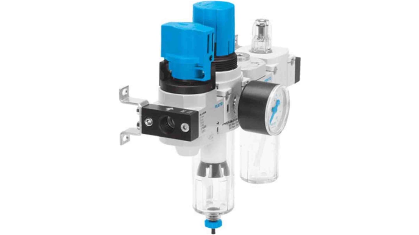Filtro regolatore Festo D con attacco G 1/4, filtrazione 40μm, valvola manuale e scarico condensa automatico. Montaggio verticale.