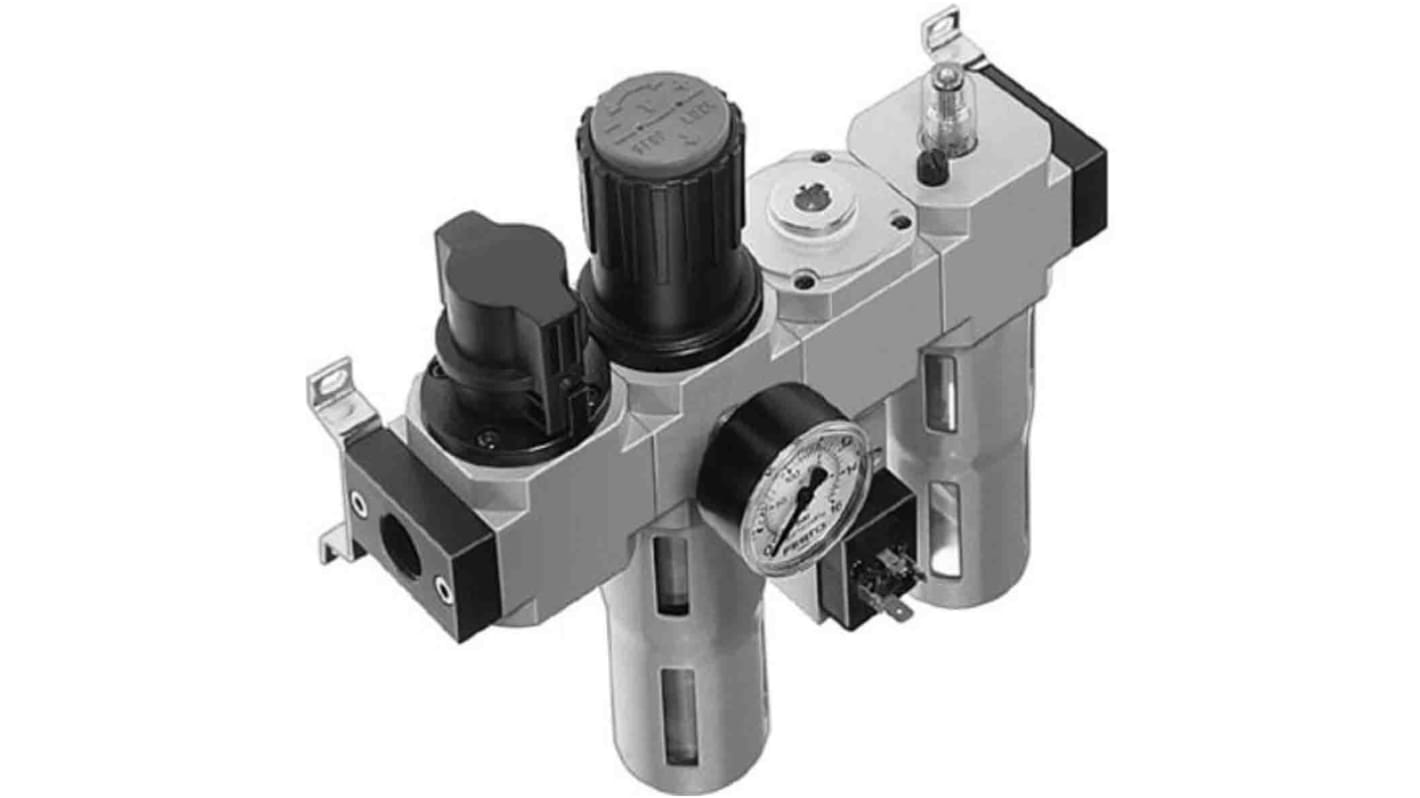 Filtro regolatore Festo D con attacco G 1/2, grado di filtrazione 40μm, montaggio verticale, valvola on/off manuale.