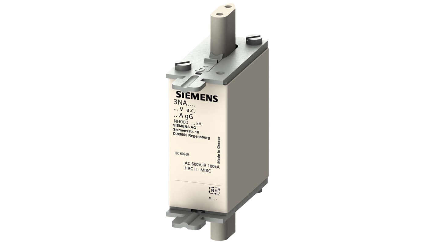 Fusibile NH000 Siemens 3NA3810-6, 25A, velocità F, tensione 690V, lunghezza 77.8mm, montaggio verticale, classe di protezione IP20.