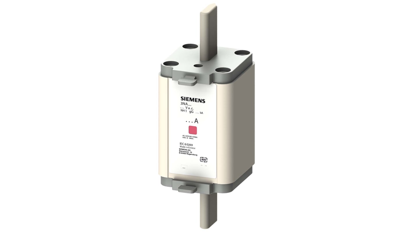 Fusibile NH1 Siemens 125A, 500V, categoria gG, montaggio verticale, dimensioni 137x75x30mm, contatti placcati argento.