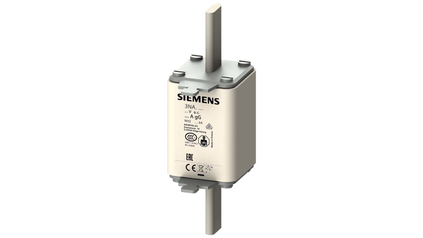Fusibile NH2 gG 35A 500V ca Siemens 3NA3214, montaggio verticale, contatti placcati argento, dimensioni 147.6x72.4x46.6mm.