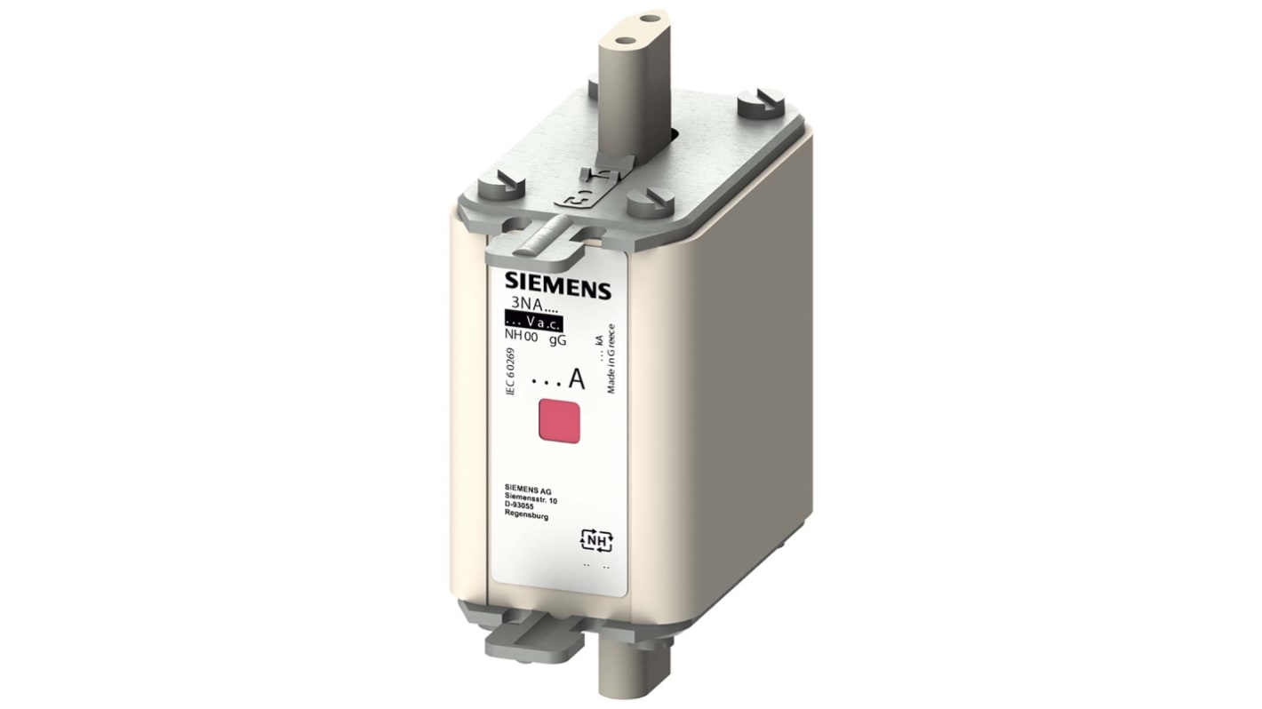 Fusibile NH00 Siemens 63A, velocità F, montaggio verticale, lunghezza 77.8mm, contatti placcati argento, classe di protezione IP20.
