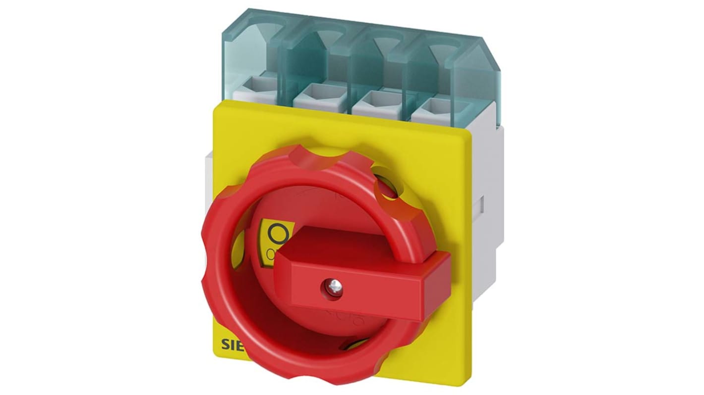 Interruttore di isolamento Siemens 3LD2203-1TL53, 4 poli, 32 A, montaggio frontale, grado di protezione IP65, colore rosso/giallo.