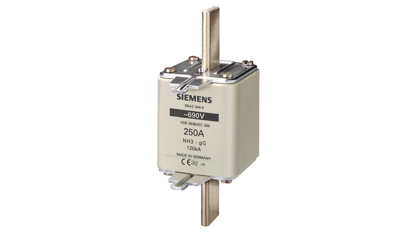 Fusibile NH3 Siemens 355A, tensione 690V, montaggio verticale, lunghezza 147.4mm, classe di protezione IP20.