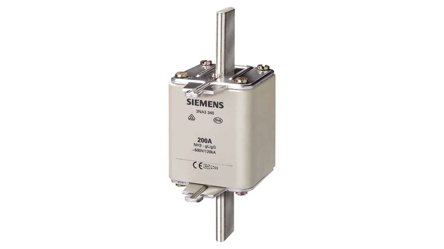 Fusibile NH3 Siemens 3NA3365, 500A, 500V, montaggio verticale, contatti placcati argento, dimensioni 147.4mm x 72.3mm x 70mm.