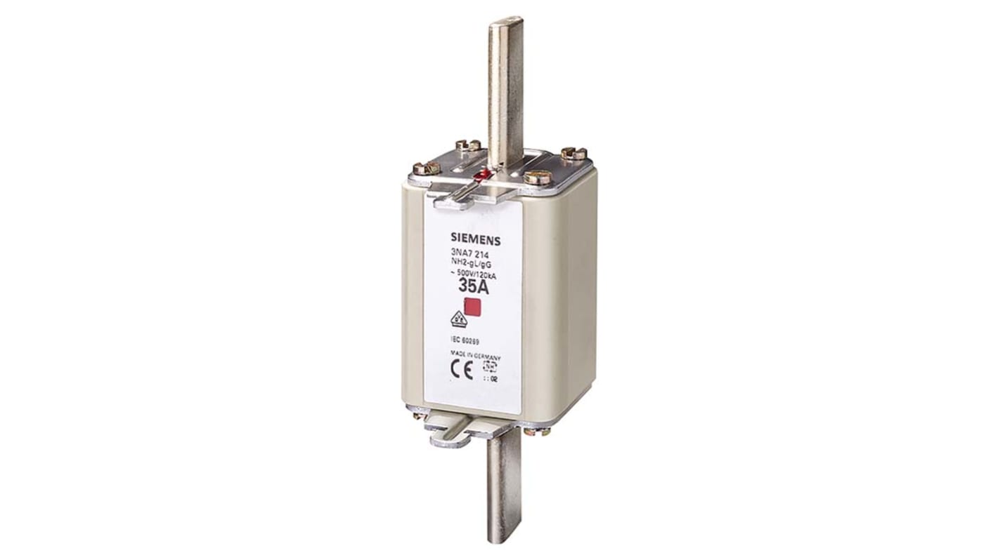 Fusibile NH2 Siemens 3NA7260, 400A, 500V, montaggio verticale, dimensioni 147.6x72.4x57mm, contatti placcati argento.