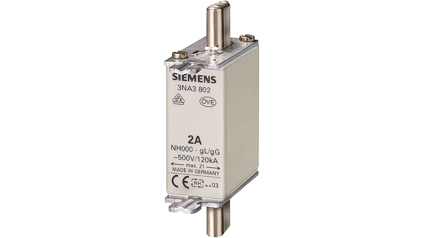 Fusibile NH000 Siemens 125A, tensione 400V, montaggio verticale, design 3NA3, lunghezza 77.8mm, grado di protezione IP20.