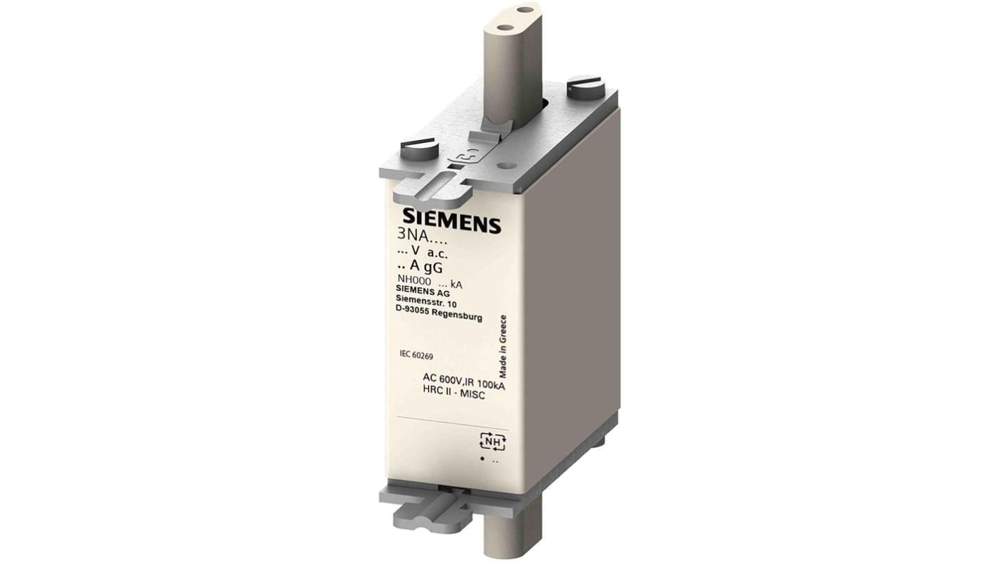 Fusibile NH000 Siemens 35A, velocità F, montaggio verticale, lunghezza 77.8mm, contatti placcati argento, classe di protezione IP20.
