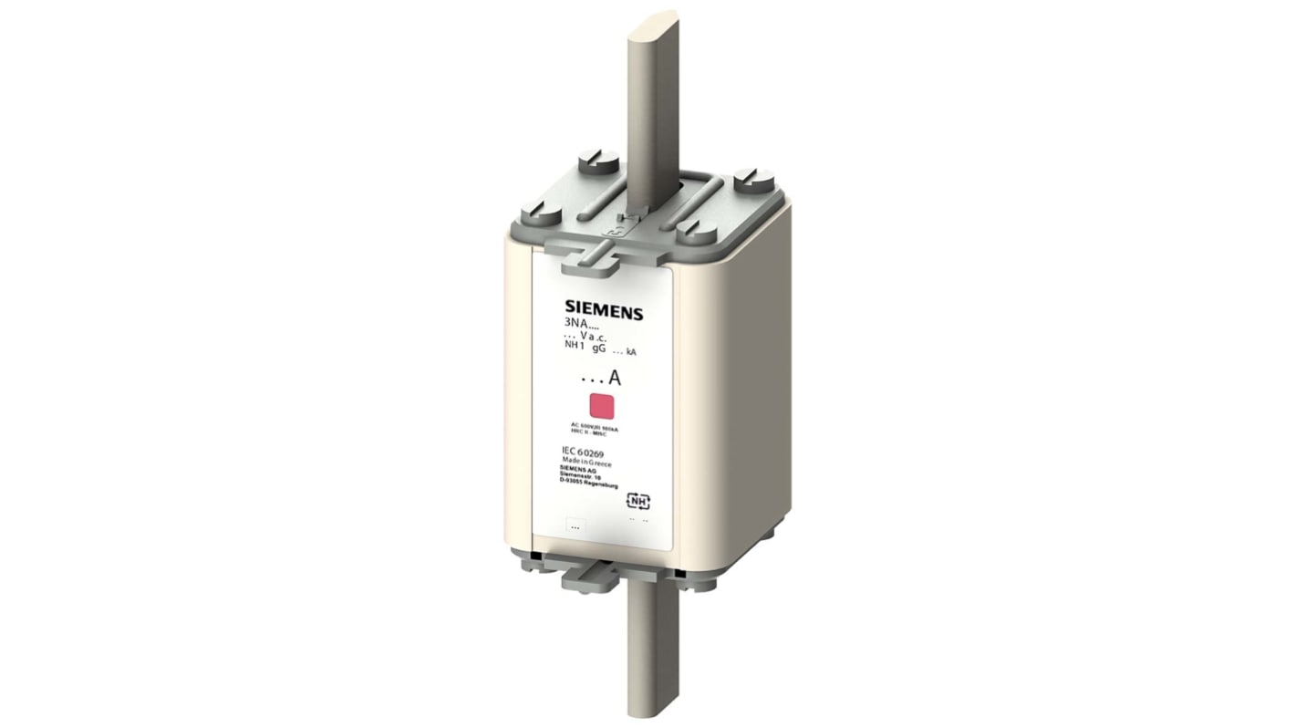 Fusibile NH1 Siemens 3NA7144, 250A, 500V, montaggio verticale, dimensioni 68.5x46.6mm, contatti placcati argento.